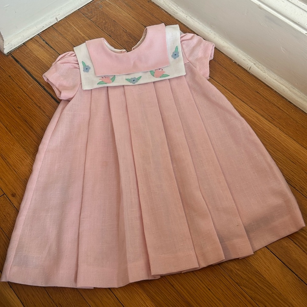 Vintage pink pleated toddler dress, square placard tulips and flowers